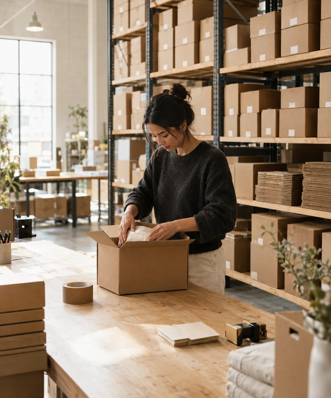 A team member packing an order in a fulfillment center