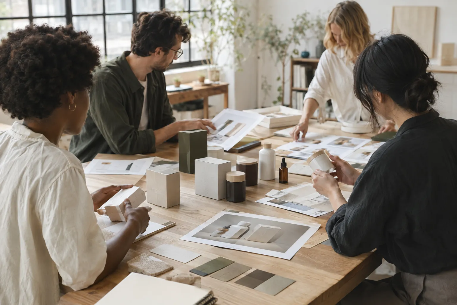 Team members reviewing product samples and packaging proofs